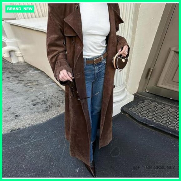 Faux Suede Long Trench Coat Notched Lapel Double Breasted Pea Coat with Belt - Picture 4 of 7